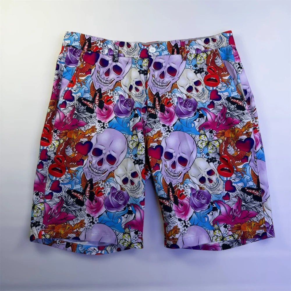 Hreski Mens Golf Shorts Size 36 Skull Dragon Floral Graphic Print Performance